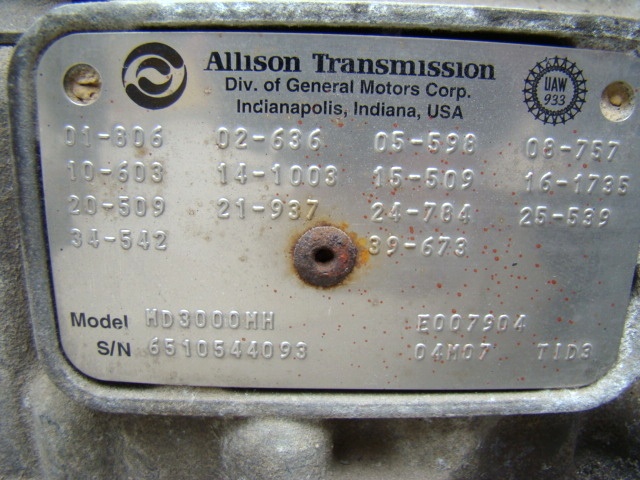 2005 ALLISON AUTOMATIC TRANSMISSION MODEL HD3000MH FOR SALE Salvage RV Parts 