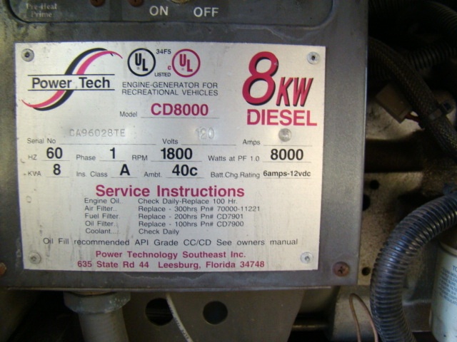 8.0 POWER-TECH DIESEL GENERATOR ( cargo BASEMENT MOUNTED ),  Used RV Parts 